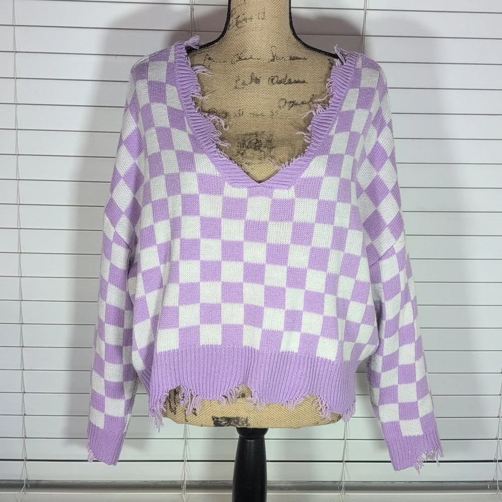 Just Polly Destress Checker Oversized Sweater Size XL - Picture 2 of 5